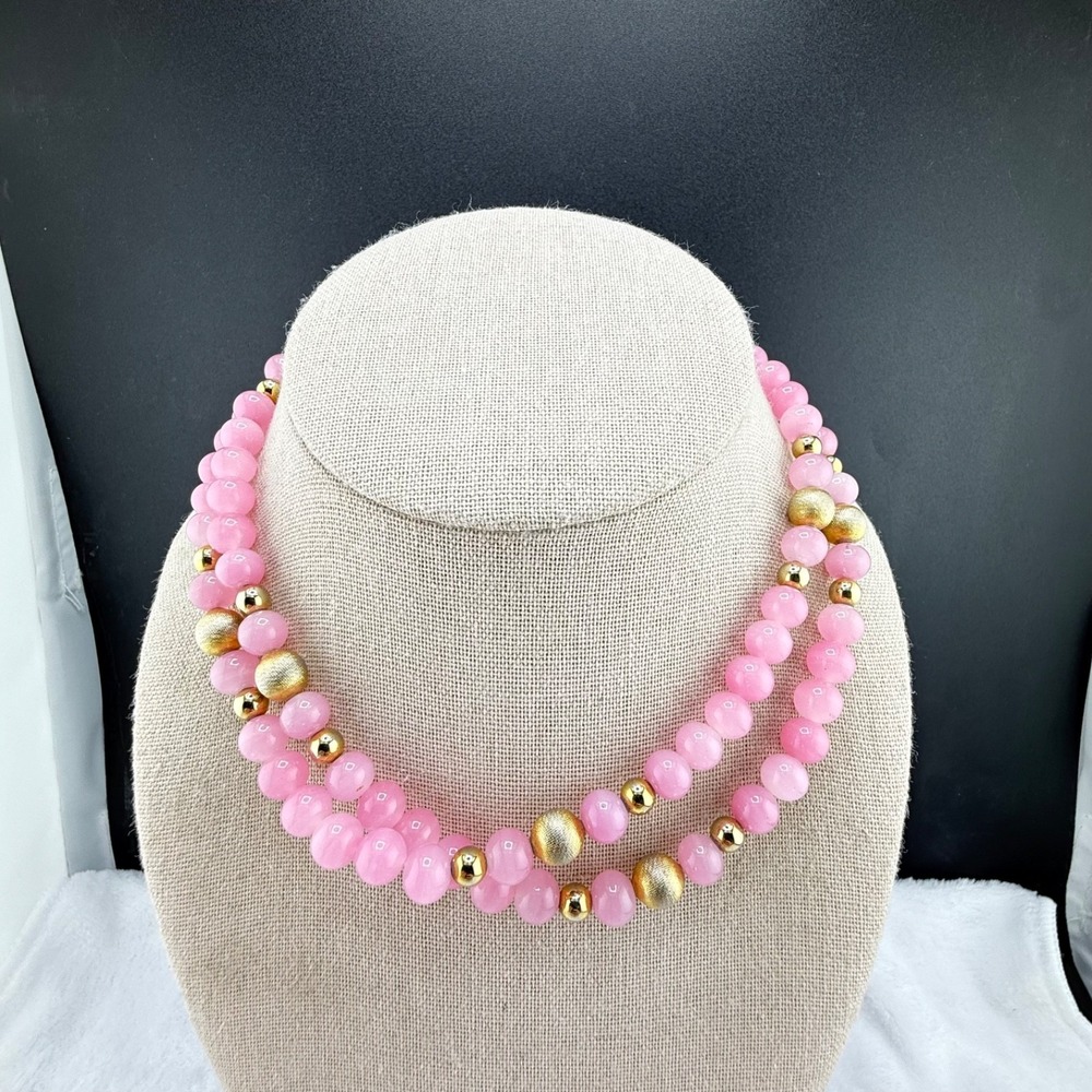 Vintage Sandra David Beaded Polished Stone Necklace Pink 29"‎